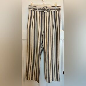 ANTHROPOLOGIE Light blue and Cream Cropped Striped Pants High Waist with belt
